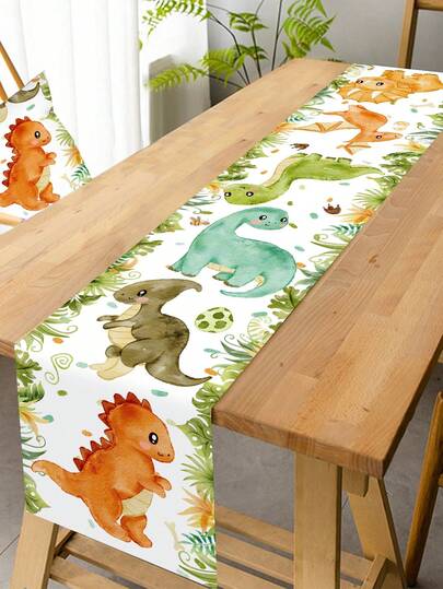 1pc Jungle Dinosaur Polyester Table Runner, 35*180cm Palm Table Cover Decoration For Wedding Family Holiday Party, Birthday Party, Home Events, Room Decor, Dining Tabletop Decor