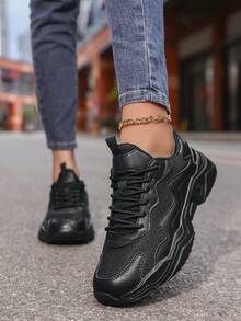 Women's Casual Sports Shoes, New Summer Lace-Up Low-Top Comfortable Platform Cushioned Non-Slip Breathable Knitted Mesh & Leather Patchwork Sneakers, Versatile Retro Outdoor Casual Walking Jogging Travel Shoes For Young Women - Black - View 3