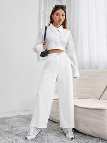 Pantalón holgado para dama, tela tipo plisado, cintura elástica, hermosa hebilla metálica con piedras, imitación diamanté en pretina, ligero, fresco, suave, fiesta, casual, oficina, primavera-verano. - Blanco - Ver 2