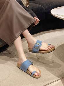 1 Pair New Fashionable Girl & Teenage Slippers, Comfortable Foot Feel, Canvas Upper Design, Suitable For Outdoor Beach, Daily Commute & Walking - Baby Blue - View 4