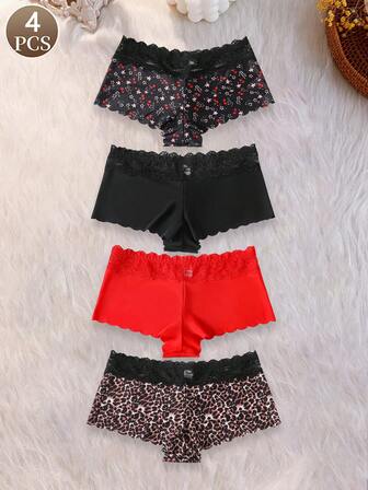 4 piezas Ropa interior de mujer elegante y madura con estampado de leopardo de cereza delgado y unicolor - Encanto maduro y elegante - Romántico lujoso - Parche de encaje de punto francés transpirable sin costuras