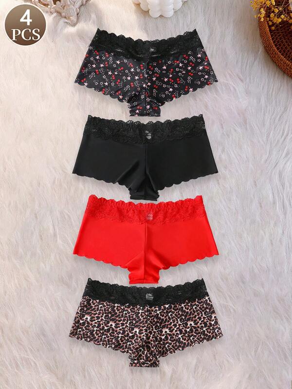 4pcs/Pack Cherry & Leopard Print, Solid Color, Elegant Mature Charm, Luxurious Romantic, French Lace Splice Seamless Breathable Ladies Briefs Panties