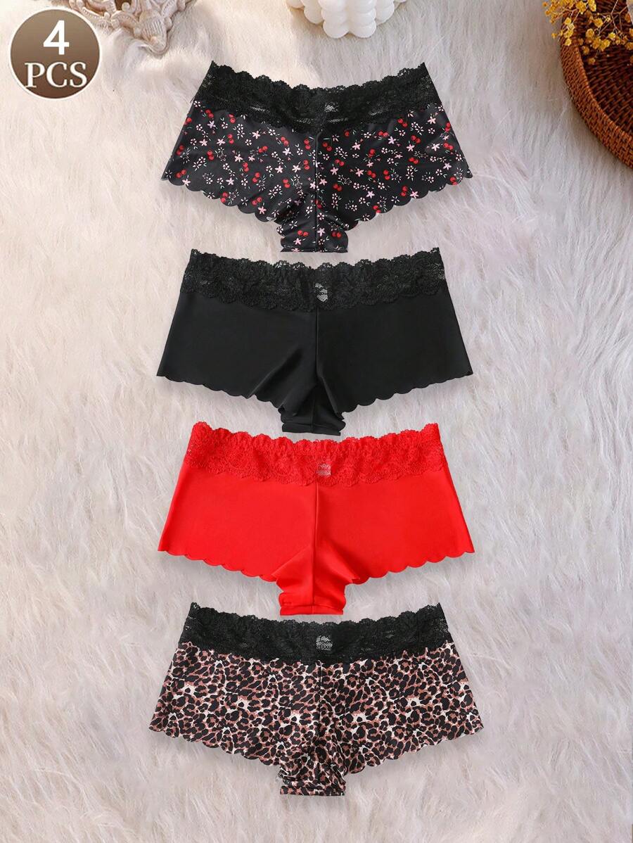 4 Stücke/Packung mit Kirsch- und Leopardenmuster, einfarbig, eleganter reifer Charme, luxuriös romantisch, französische Spitze Splice nahtlose atmungsaktive Damen-Höschen