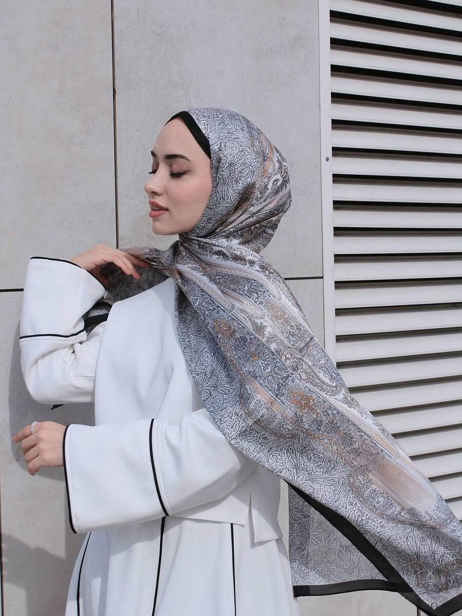 1件女士波西米亚风佩斯利印花蓝色围巾披肩，休闲优雅女士围巾配饰，防风披肩，适合日常佩戴，情人节面纱装扮，阿巴雅长袍配饰，柔软头巾，连衣裙配饰