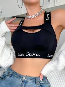 女士无钢圈运动胸罩，镂空字母肩带性感修身透气瑜伽胸罩