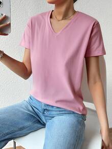 Playera dama mujer basica manga corta cuello V algodon fresca ligera - Rosa - Ver 3