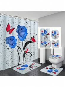 1pc/4pcs Romantic Rose & Butterfly Printed Bathroom Curtain Set, Adds Dreamy Atmosphere To Bathroom. Includes Shower Curtain With 12 Hooks, Bath Rug, U-Shaped Toilet Mat, Toilet Lid Cover, Bathroom Divider, Bathroom Accessories, Bathroom Decor