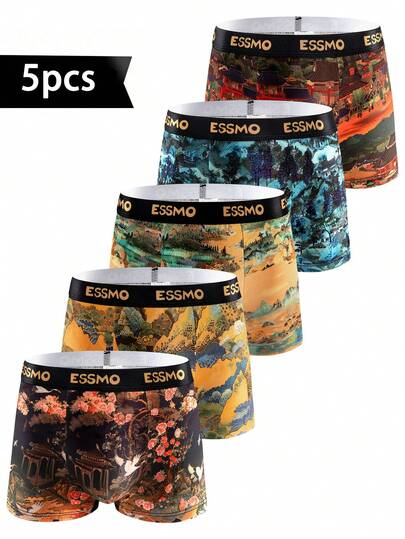 5 paia di boxer uomo basic di colore unito e con stampa graffiti senza cuciture, pantaloncini regalo estivi