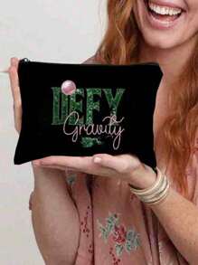 1PC Black Travel Pouch With Pink Glitter Accents - Lightweight Polyester Makeup Bag For Women, Wicked Witch & Wizard Of Oz Inspired, Zippered Toiletry Organizer, Ideal Gift For Daughter, Makeup Travel Bag Graduation