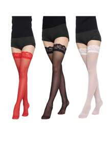 1 Pair, Sexy Woman Red Stockings, Lace Lace Thigh High Stockings, Black Knee High Stockings, Women's Hosiery, Knee High Stockings, Suitable For Daily, Dating, Party, Christmas, Halloween, Valentine's Day, Gifts For Women Girl's Items