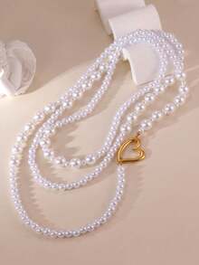 1pc Fashion 18K Plated Stainless Steel Faux Pearl Hollow Heart Long Necklace, Stackable Jewelry Accessories Suitable For Women To Wear On Holidays And Parties - Love - View 4
