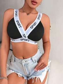 Set de 5 sujetadores deportivos de apoyo medio, con letras estampadas, de tela de costilla, cómodos y de moda casual para mujeres