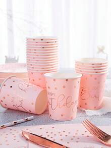 96 件粉色底座玫瑰金圆点派对用品套装，7/9 英寸粉色和玫瑰金圆点盘子，玫瑰金一次性纸盘和餐巾，适合生日派对 - 彩色 - 查看 7