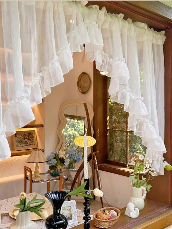 1pc High-Quality Lace Ruffle Sheer Curtain Panel, Elegant Window Valance Decor