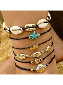 2-6pcs/Set Bohemian Style Starfish & Beaded Braided Anklet For Girls, Ocean Theme, Beach, Seashell,Summer Jewelry,Gold Jewelry Women