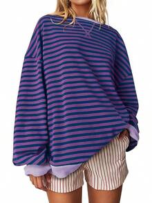 Women's Y2K Oversized Striped Sweatshirt - Long Sleeve Round Neck Color Block Pullover, 2025 Autumn Casual Loose Outfits For Graduation/Back To School/Teacher
