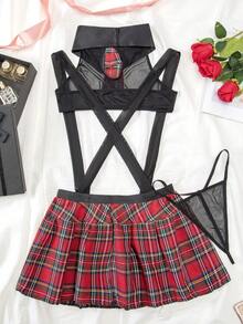 3pcs Set European & American Sexy Student Lingerie Set, Sheer Women's Seductive Uniform Role-Play Costume - Black - View 3