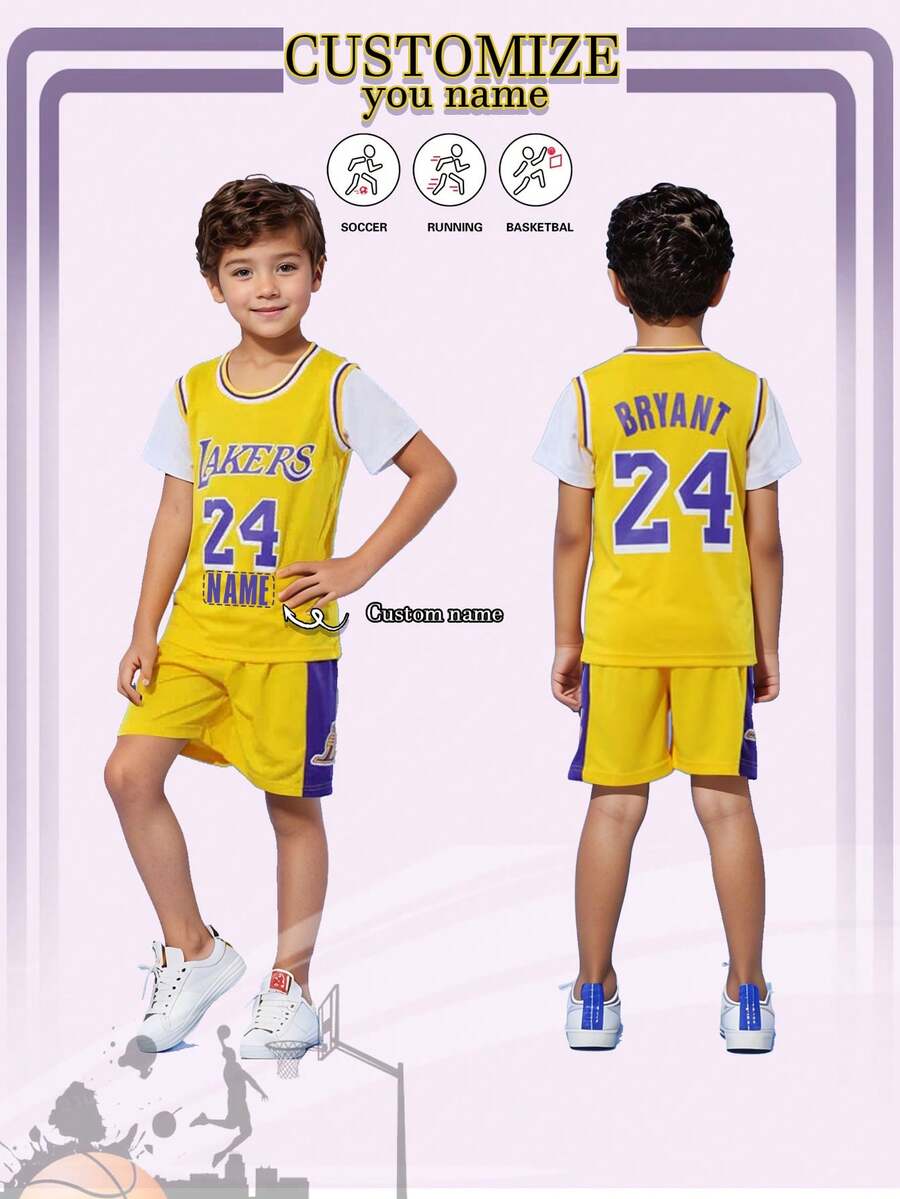 2pcs Kids Customized Basketball Jersey #24, Sublimation Printed Text & Name, Sports Uniform, Shorts, Tee Set For Boys & Girls, Basketball Match Team Uniform, Summer Children Sportswear Set - Yellow - View 1