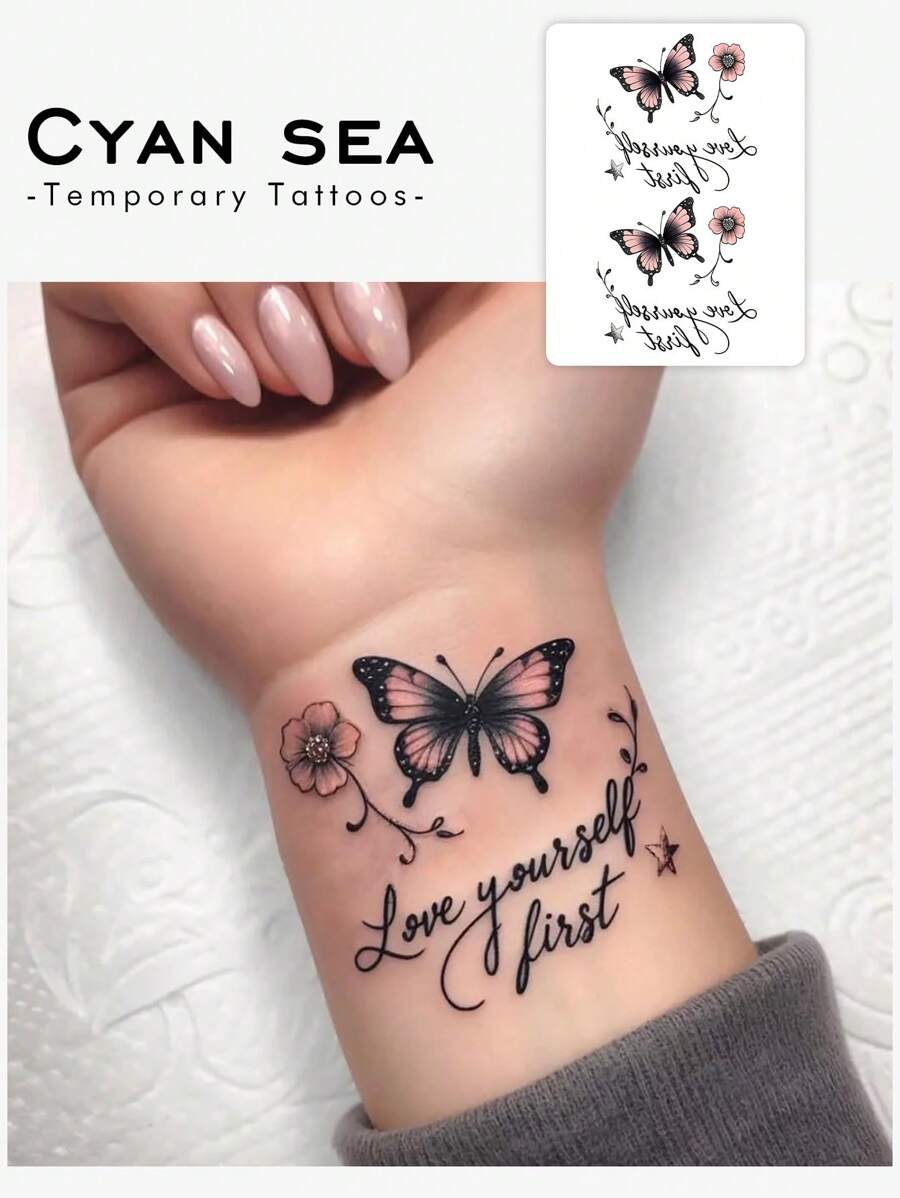 1 pieza Pegatina de tatuaje temporal de hierbas con temática de mariposas y flores en estilo romántico y colorido, impermeable y a prueba de sudor, estilo minimalista Y2K adecuado para mujeres en manos, dedos, palma y brazos
