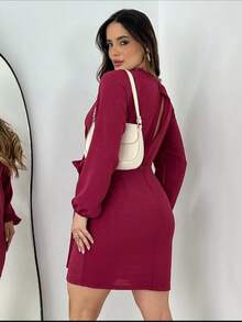 Short Dress With Bow And Elastex Sleeve LINED - Burgundy - View 3