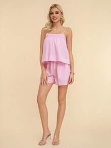 Conjunto De Dos Piezas Holgado Y Casual De Color Sólido Para Mujer - Rosa Fucsia - Ver 7