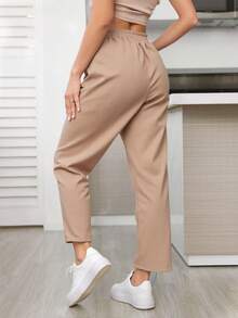 Pantalón de pierna recta para mujer, diseño sexy, elegante y casual, tela de poliéster y spandex, apto para temporadas de primavera y verano, ajuste de cintura natural con resorte y cordón, bolsillos funcionales. Suave, fresco y ligero. - Beis - Ver 3