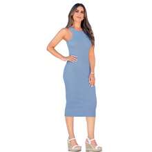 Ropa Vestido Azul Bodycon Halter De Tela Rib, Largo Midi Con Abertura Y Diseño Ajustado - Azul - Ver 1