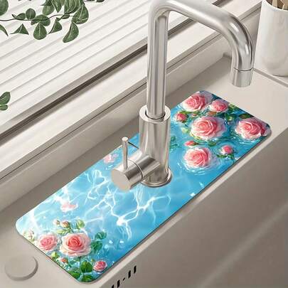 1 pieza Estera de secado de cubiertos con estampado de rosa, estera a prueba de humedad para la cocina y el baño, estera absorbente de agua para grifos de baño, decoración de cocina y mesa, perfecta para regalos festivos, se puede regalar