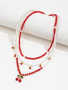 3 件套复古串珠樱桃吊坠项链，百搭甜美米珠和油滴樱桃多层颈链，适合女士 - 彩色 - 查看 3