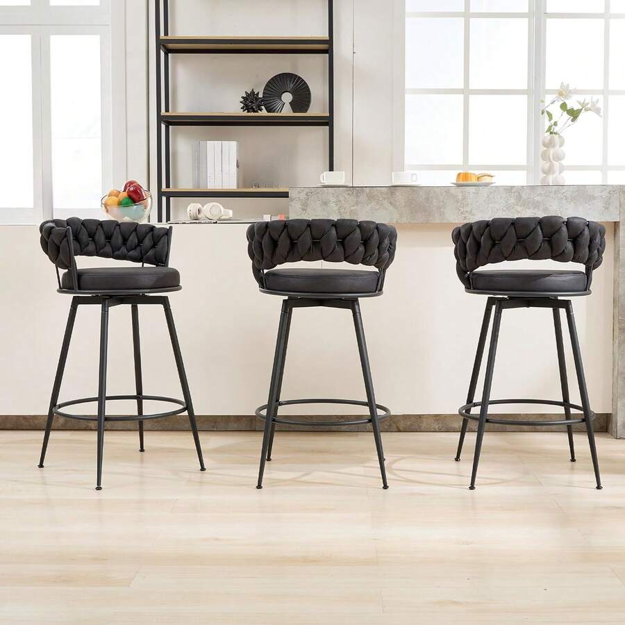 Dyhome 3pcs 28'' Modern Bar Stool, Adjustable Faux Leather Upholstered Swivel CounterStools With Woven Back,For Restaurant, Cafe, Modern Bar Stool, Thickened Seat Cushion Souare Lsland Barstools With Back - 灰色 - 查看 1