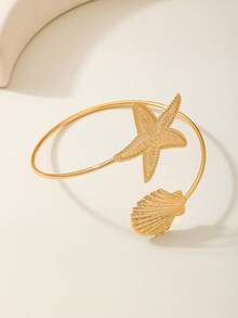 1pc European And American Metal Seashell Design Arm Cuff, Exaggerated Ocean Style Gold Color Arm Chain, Suitable For Beach Holiday, Sexy Beach Party Wear