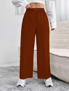 Pantalón holgado para dama, tela tipo plisado, cintura elástica, hermosa hebilla metálica con piedras, imitación diamanté en pretina, ligero, fresco, suave, fiesta, casual, oficina, primavera-verano. - Café integral - Ver 1