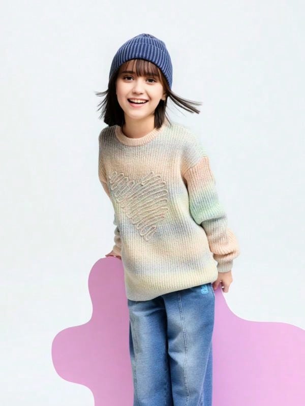 Annil Children's Clothing For Girls Tween Girl Crewneck Sweater With Colorful Gradient Winter Sweater - Yellow - View 1
