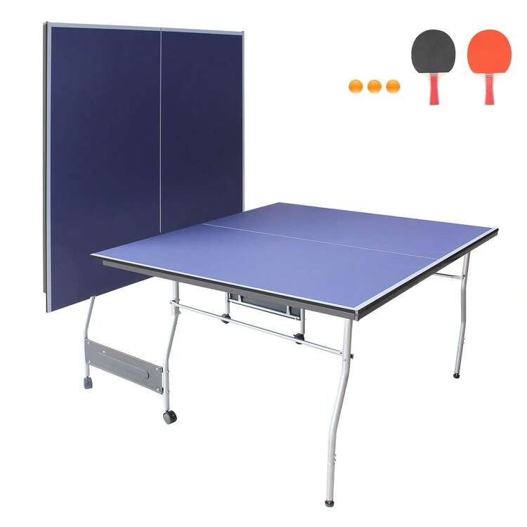 8ft Mid-Size Table Tennis Table Foldable & Portable Ping Pong Table Set For Indoor & Outdoor Games With Ping Pong Net, 2 Table Tennis Paddles And 3 Balls - 藍色 - 查看 2