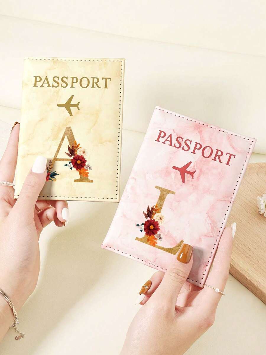 1pc A-Z 26 Letters Fashionable Letter Print Stylish Burgundy Passport Cover, Premium PU Leather Passport Wallet With Multi-Card Pockets For Credit Cards, Boarding Passes, And IDs, Compact And Portable Travel Essentials Organizer For Women, Men Graduation - Pink - View 1