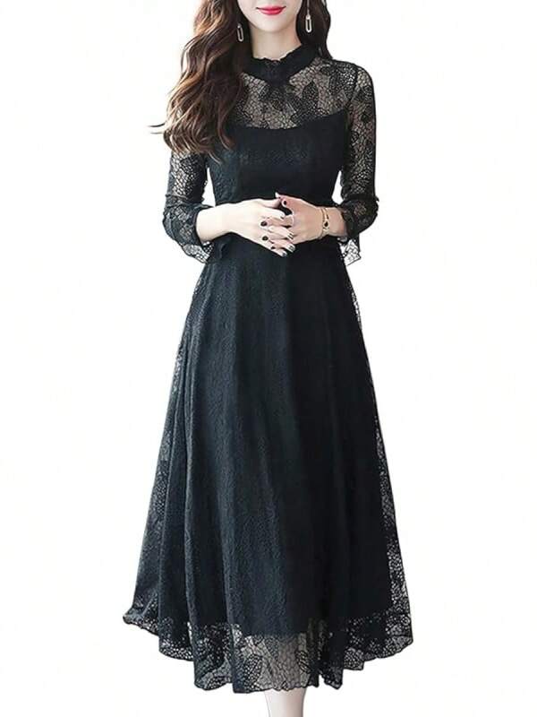 Women's Dress, Lace, Long, Frilled Dress, Long Sleeves, Flare, All Patterns, Cute, High Waist, Slimming, Fashion, Uncut, Pleated, Party, Wedding, Work, After-Party