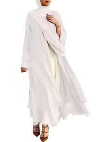 1 chiếc Abaya hai lớp bằng vải chiffon, màu trơn, kiểu dáng rộng rãi, thoải mái, phù hợp cho nữ cỡ lớn, kiểu áo cardigan mở, kín đáo cho lễ Eid mùa xuân. - Xám - Xem 12