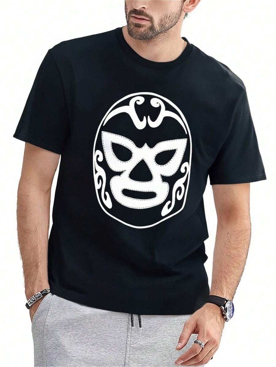 Lucha Libre Mask Funny Mexican Wrestling Mask T-Shirt - Men's Casual Short Sleeve Print T-Shirts For Warm Weather - Breathable, Soft And Comfortable Fashion Apparel, 100% Cotton - Black - View 1