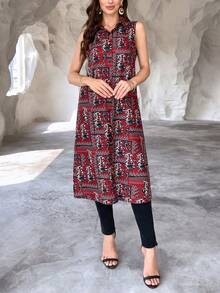 Women's Print & Paisley Pattern Button Down Split Hem Shirt Dress, Spring/Summer - Red - View 3