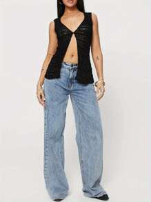 Women Lace Tank Tops Casual Summer Sheer One Button V-Neck Basic Vest Sleeveless Shirt Aesthetic Clothes For Streetwear