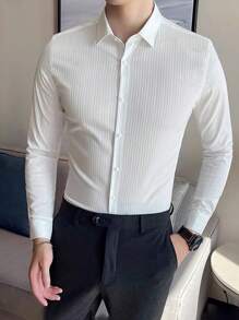 1pc Men's Solid Color Embossed Stripe Button-Up Long Sleeve Formal Shirt