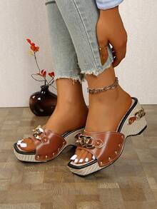 Platform Studded Sandals, Fashion Summer Comfortable Versatile High Heels Sandals For Women, Size 42 - Khaki - View 3