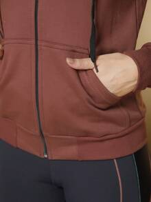 Women's Cold Weather Blouse Sweatshirt Coat With Zipper And Plain Hood Various Colors - 棕色 - 查看 4