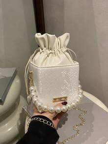 Mini bolsa de cordón con textura de patrón de cocodrilo, bolso de acrílico de moda con asa de perlas - Beis - Ver 2