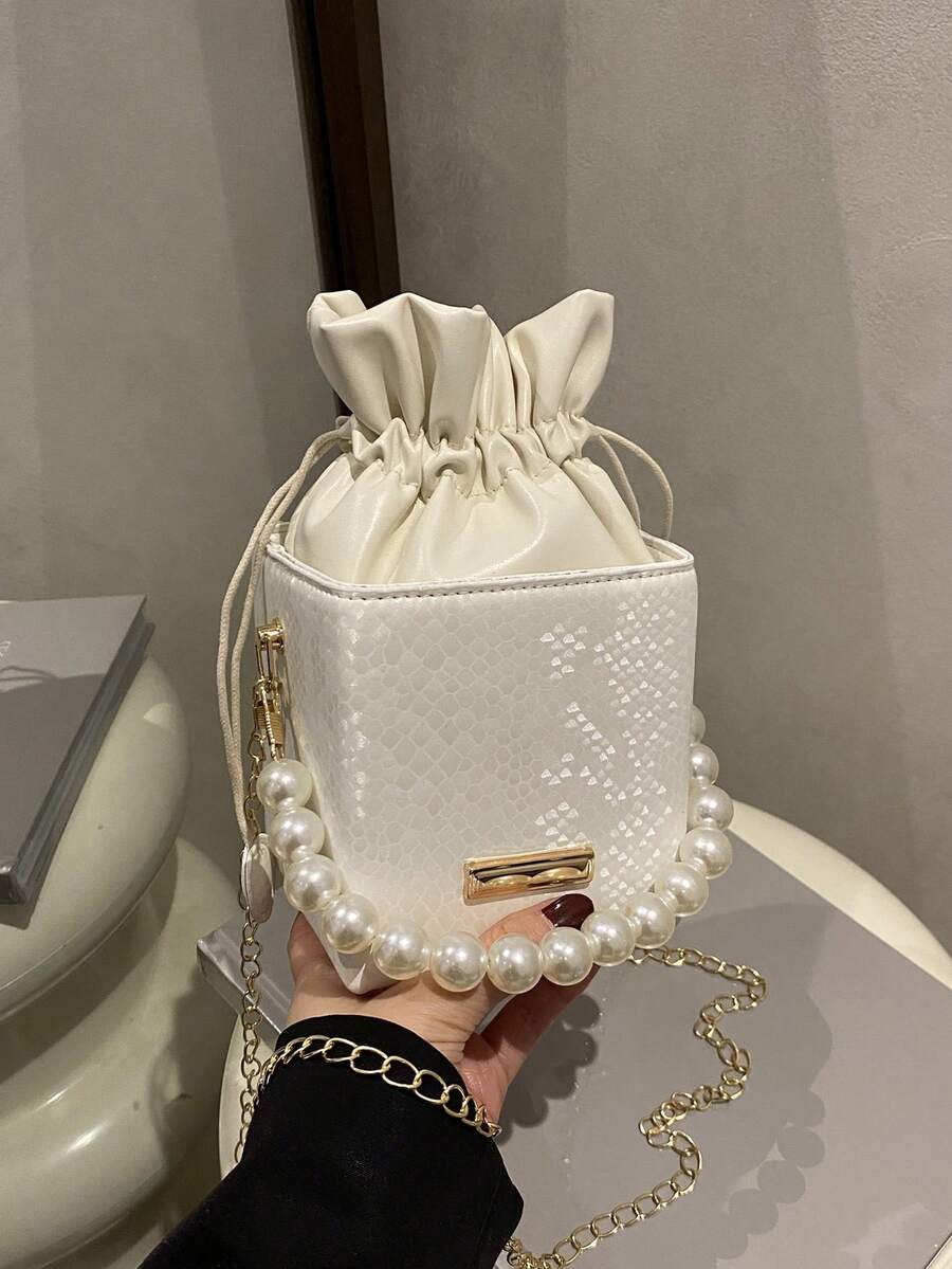 Mini bolsa de cordón con textura de patrón de cocodrilo, bolso de acrílico de moda con asa de perlas
