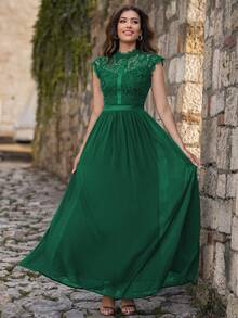 MIUSOL Mock Neck Floral Lace Scallop Trim Chiffon Formal Party Maxi Dress, Elegant Party Dress For Women, Formal Evening Gown, Prom Dress, For Wedding Guest, Graduation, Dinner - Green - View 6