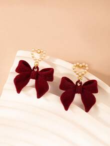1 Pair Resin Faux Pearl Hollow Heart Flocked Bow Pendant Earrings, Burgundy, Fashionable & Cute Earrings For Teens, Suitable For Daily, Party, And Banquet Wear Valentine's Day Accessories - Heart-shaped Bow - View 3