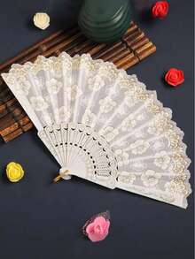 女士蕾丝折扇，蕾丝装饰手工扇，现代PP蕾丝花朵图案折叠扇，适合居家、派对装扮、优雅女巫、情人节 - 白色 - 查看 4