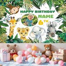 1 pieza de Pancarta personalizable de poliéster para fiesta de cumpleaños, muestra foto personalizada, nombre y edad, con temática de animales, adecuado para decoración de fiesta de cumpleaños, con lindos dibujos animados de animales de la selva, disponible en múltiples tamaños