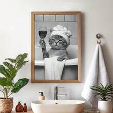 1 件，可爱的浴室小猫壁饰，浴缸里喝红酒的猫咪，黑白简约风格搞笑动物海报，浴室装饰，戴着浴帽的小猫，黑白动物图案适合浴室装饰，厕所装饰 - 可选框架，带框架的壁饰 - 彩色 - 查看 3